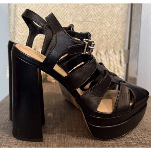 SCHUTZ 7.5 DARYL PLATFORM Deluxe Napa Black Caged Pointed Toe Heel Sandal - Picture 5 of 12